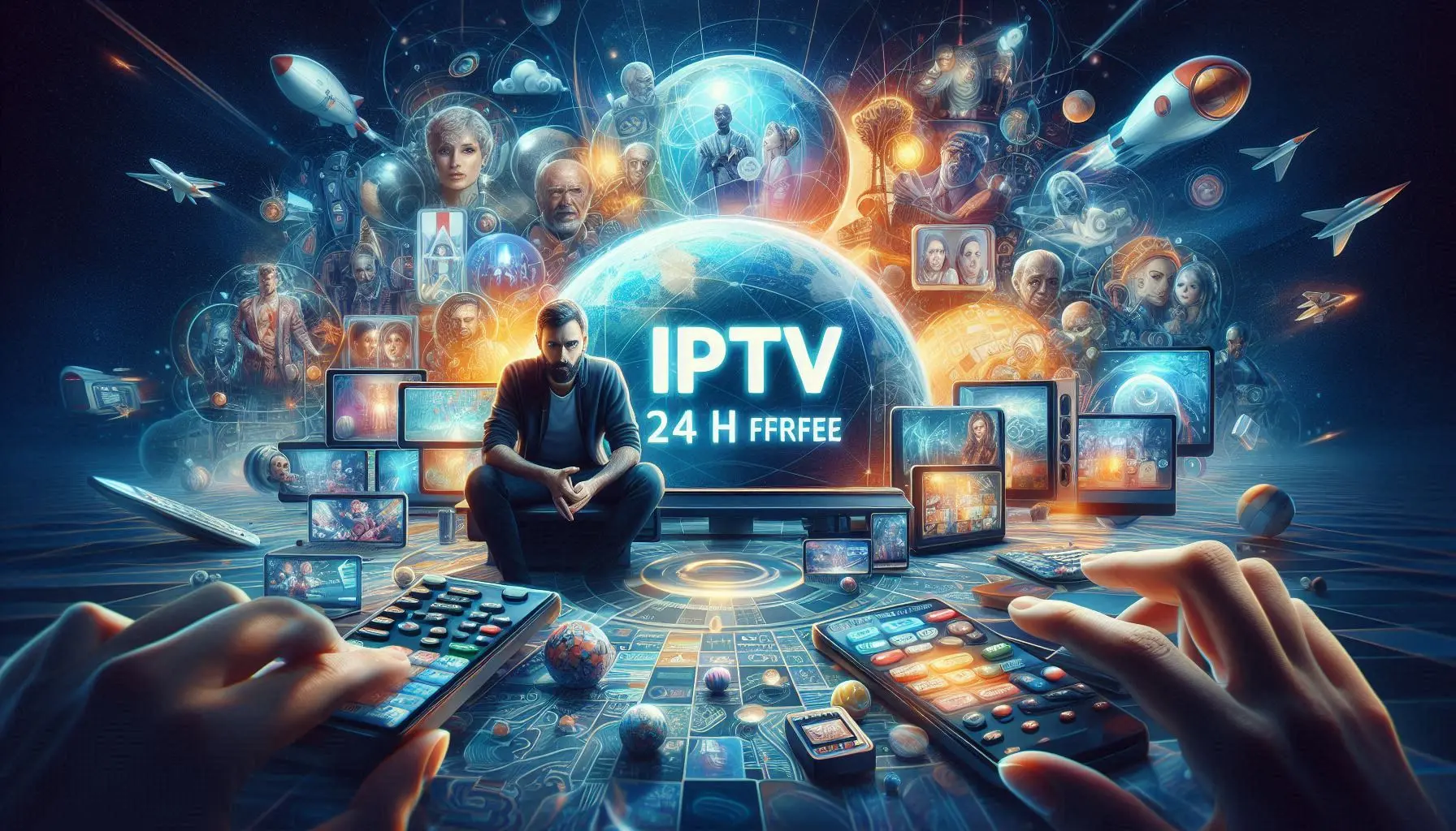 Illustration showing IPTV website features and purchase process